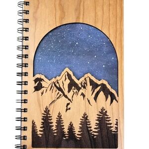 Wooden Spiral Notebook with Mountain Design